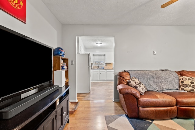 living room with light wood finished floors and a textured ceiling