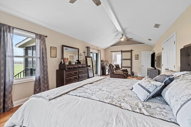 bedroom featuring ceiling fan, vaulted ceiling with beams, visible vents, baseboards, and wood finished floors