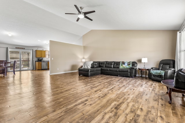 135 Country Acres Dr, Somerset, KY 42503 - living area with wood finished floors, baseboards, a ceiling fan, and vaulted ceiling