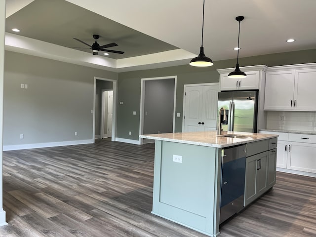 168 Bueno Xing, Georgetown, KY 40324 - kitchen with stainless steel fridge, open floor plan, recessed lighting, ceiling fan, and dark wood-type flooring