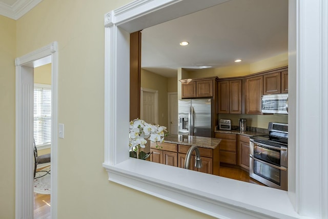kitchen featuring a peninsula, recessed lighting, wood finished floors, a sink, and stainless steel appliances