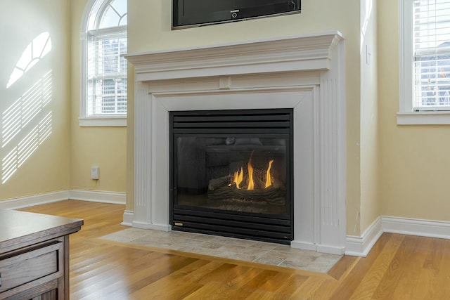 room details featuring baseboards, wood finished floors, and a fireplace with flush hearth