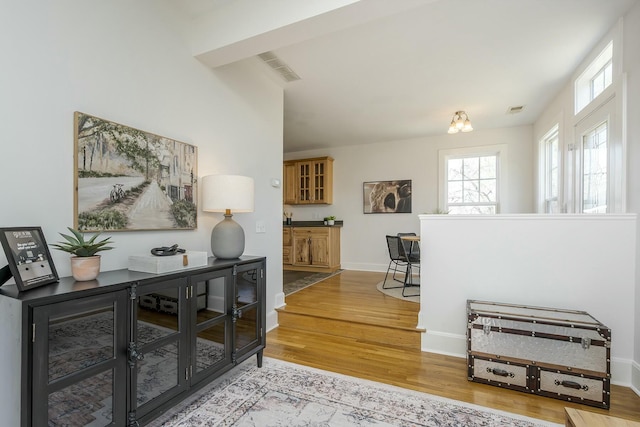 interior space with visible vents, baseboards, and wood finished floors