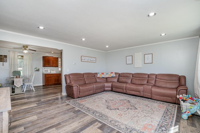 9 Blanche Ave, Williamstown, KY 41097 - living room featuring wood finished floors, ceiling fan, ornamental molding, and recessed lighting