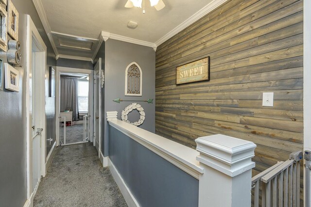 264 Houston Ave, Paris, KY 40361 - hall featuring crown molding, wood walls, baseboards, an accent wall, and dark carpet