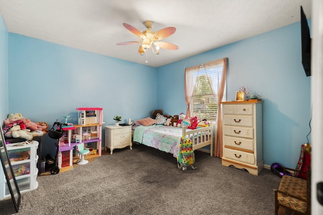 carpeted bedroom featuring ceiling fan