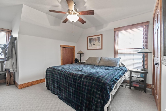 130 The Village Dr, Nancy, KY 42544 - bedroom with light colored carpet, baseboards, a ceiling fan, and lofted ceiling