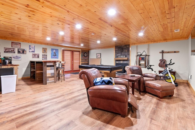 130 The Village Dr, Nancy, KY 42544 - living room featuring recessed lighting, wood ceiling, light wood finished floors, baseboards, and billiards
