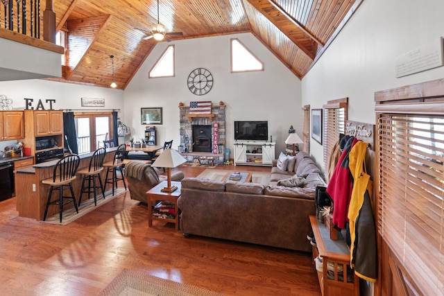 130 The Village Dr, Nancy, KY 42544 - living room with ceiling fan, high vaulted ceiling, wood finished floors, and wood ceiling