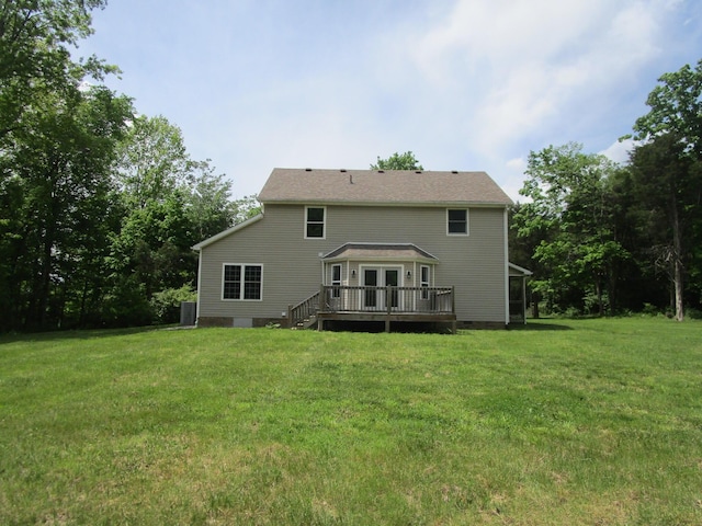 596 Overlook Dr, Lancaster, KY 40444 - back of property with a deck, a lawn, crawl space, and french doors