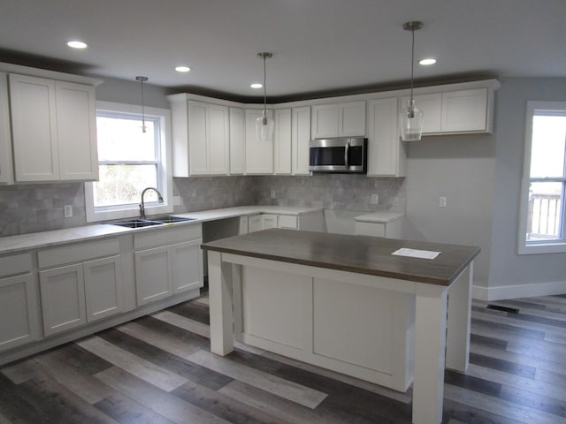 596 Overlook Dr, Lancaster, KY 40444 - kitchen featuring stainless steel microwave, a sink, healthy amount of natural light, recessed lighting, and dark wood-type flooring