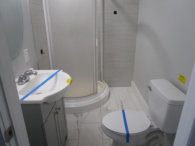 596 Overlook Dr, Lancaster, KY 40444 - bathroom featuring marble finish floors, toilet, a shower stall, and vanity