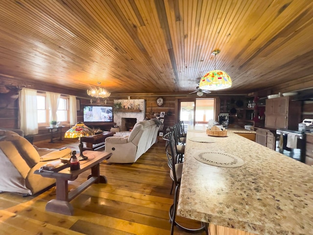 350 Wilderness Ln, Morehead, KY 40351 - dining room featuring dark wood-type flooring, wooden ceiling, an inviting chandelier, and wooden walls
