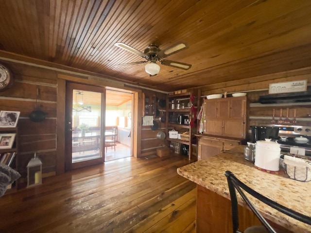 350 Wilderness Ln, Morehead, KY 40351 - interior space with wooden ceiling, dark wood-style flooring, wooden walls, and a ceiling fan