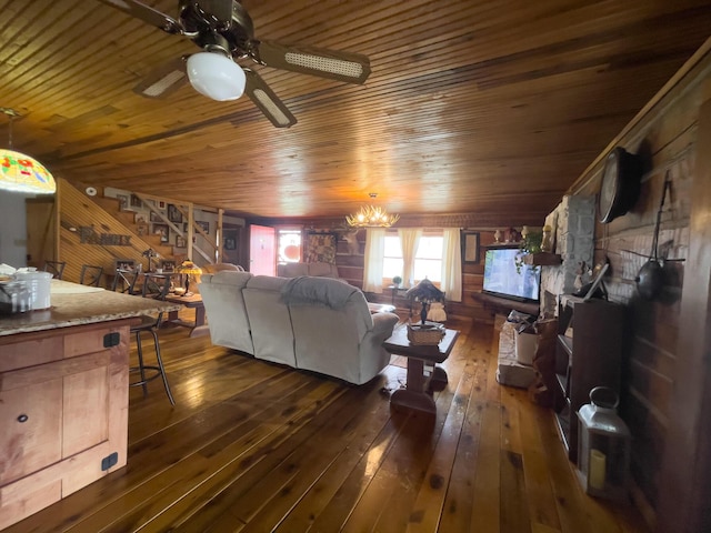 350 Wilderness Ln, Morehead, KY 40351 - living room featuring wood ceiling, ceiling fan with notable chandelier, dark wood-style floors, and stairs