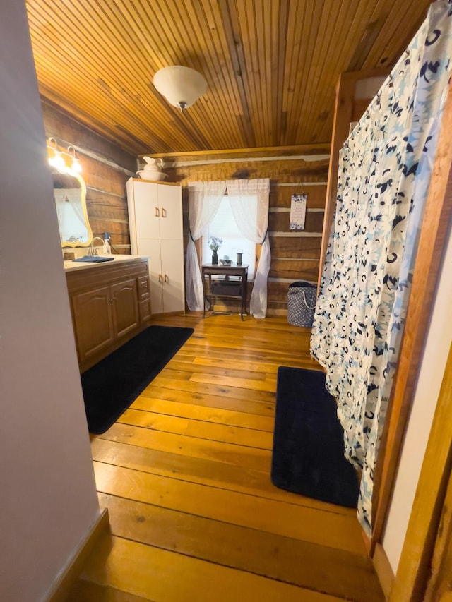 350 Wilderness Ln, Morehead, KY 40351 - bathroom with wooden walls, vanity, hardwood / wood-style floors, and wood ceiling