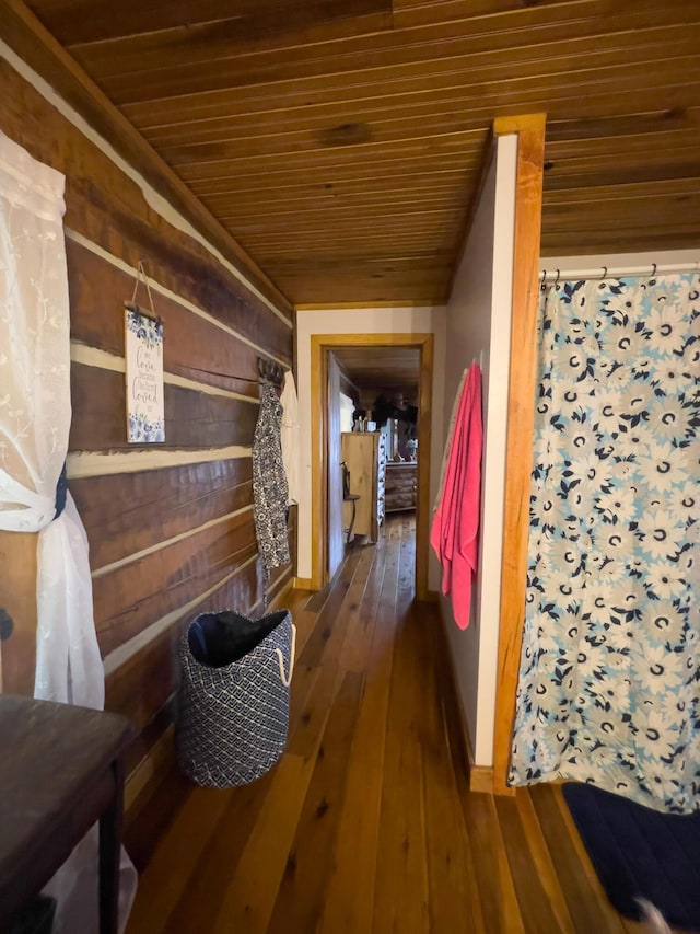 350 Wilderness Ln, Morehead, KY 40351 - hall with wooden ceiling, dark wood-style flooring, and wooden walls