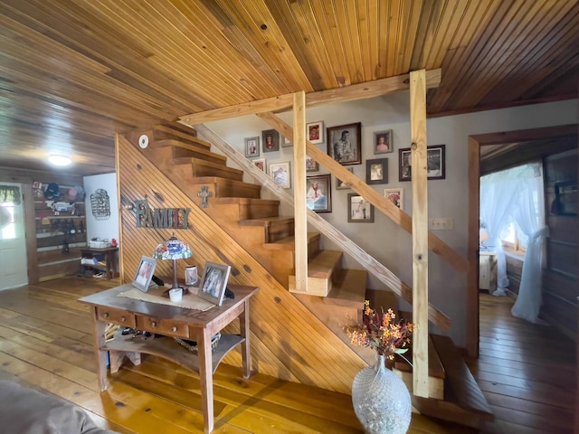 350 Wilderness Ln, Morehead, KY 40351 - living room featuring hardwood / wood-style floors, wood ceiling, and stairs
