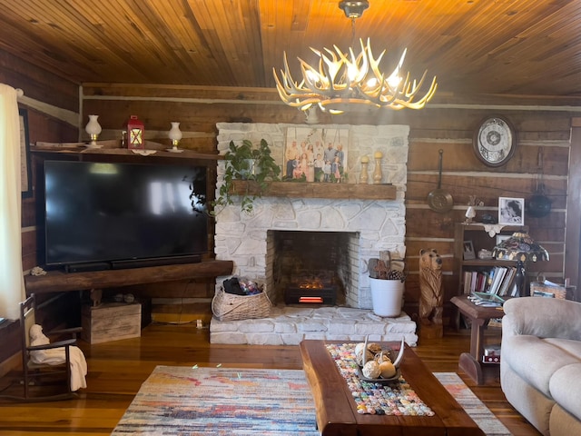 350 Wilderness Ln, Morehead, KY 40351 - living room featuring wood finished floors, an inviting chandelier, and wooden ceiling