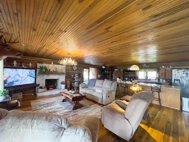350 Wilderness Ln, Morehead, KY 40351 - living room featuring wooden ceiling, wood-type flooring, a stone fireplace, and plenty of natural light
