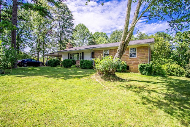 176 Marsee Trl, Corbin, KY 40701 - ranch-style house with a carport, a chimney, a front yard, and stone siding