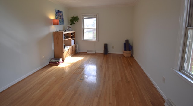 interior space with light wood finished floors, ornamental molding, and a healthy amount of sunlight