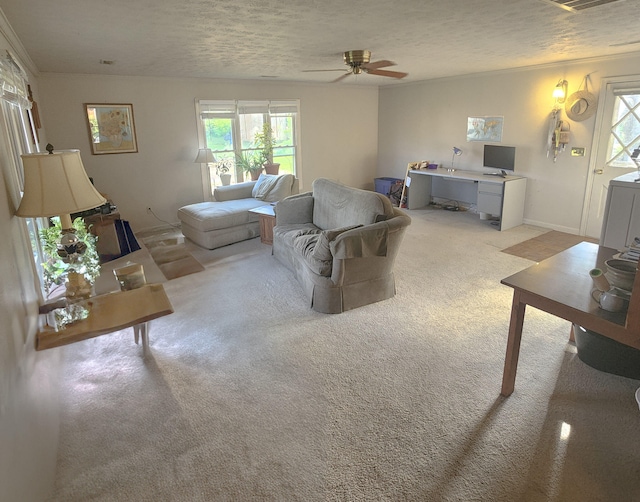 carpeted living area featuring plenty of natural light, a textured ceiling, a ceiling fan, and baseboards