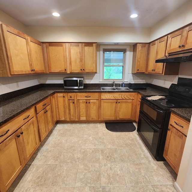 198 Hiawatha Trl, Georgetown, KY 40324 - kitchen featuring stainless steel microwave, double oven range, a sink, under cabinet range hood, and brown cabinets