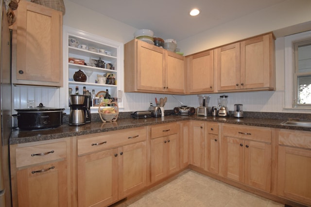 198 Hiawatha Trl, Georgetown, KY 40324 - kitchen featuring light brown cabinetry, dark stone countertops, and recessed lighting
