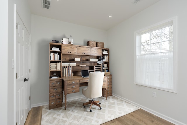 office with recessed lighting, wood finished floors, visible vents, and baseboards
