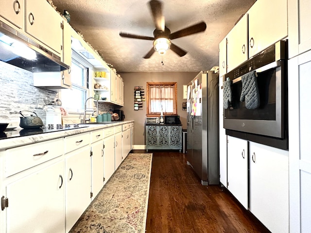 3473 Grundy Rd, Somerset, KY 42501 - kitchen featuring stainless steel appliances, under cabinet range hood, dark wood-style floors, light countertops, and a ceiling fan