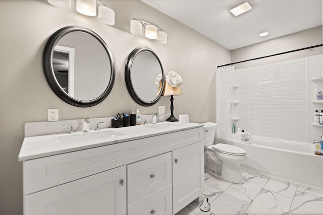 full bath with a sink, toilet, double vanity, and marble finish floor