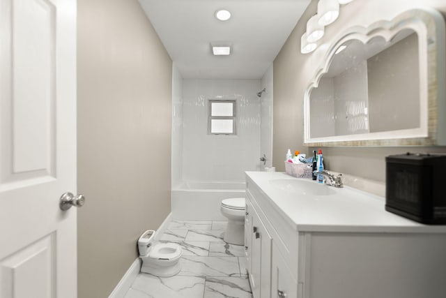 bathroom featuring vanity, baseboards, shower / bath combination, toilet, and marble finish floor