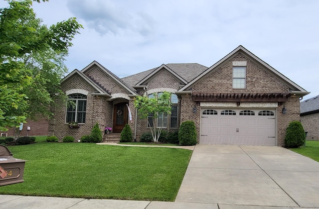 2524 Pascoli Pl, Lexington, KY 40509 - french country style house featuring brick siding, driveway, a front lawn, and a garage