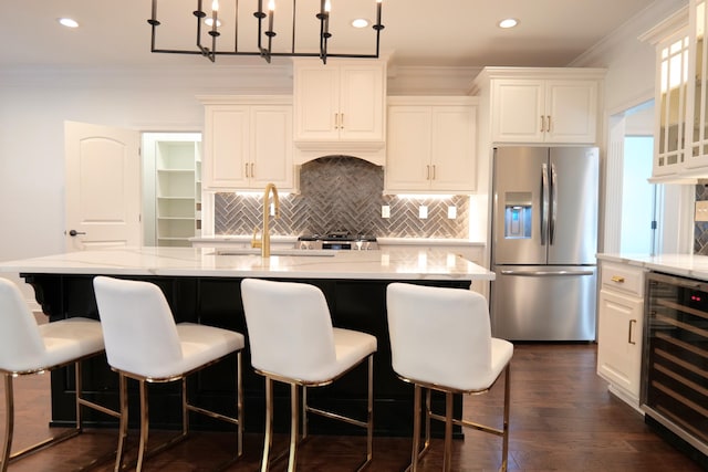 2524 Pascoli Pl, Lexington, KY 40509 - kitchen with stainless steel fridge, beverage cooler, crown molding, white cabinets, and recessed lighting