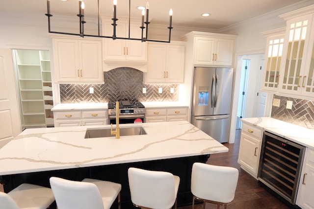 2524 Pascoli Pl, Lexington, KY 40509 - kitchen with appliances with stainless steel finishes, wine cooler, crown molding, light stone counters, and backsplash