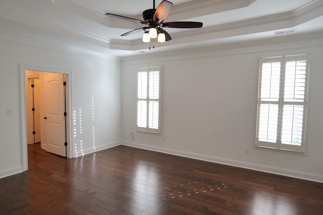 2524 Pascoli Pl, Lexington, KY 40509 - empty room featuring a tray ceiling, ornamental molding, wood finished floors, a ceiling fan, and baseboards