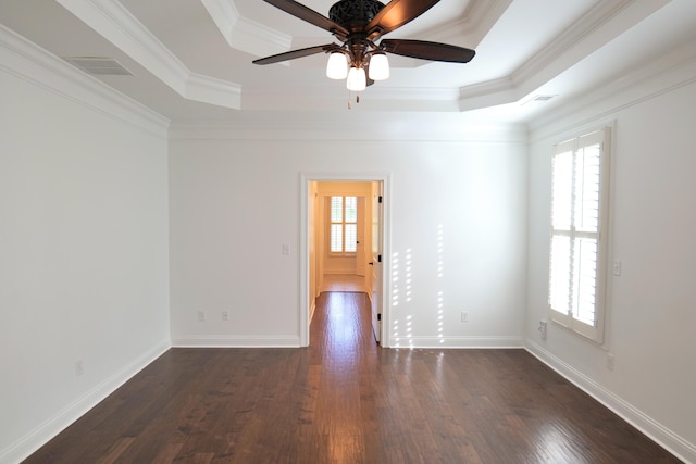 2524 Pascoli Pl, Lexington, KY 40509 - empty room with a raised ceiling, dark wood-style flooring, crown molding, a ceiling fan, and baseboards