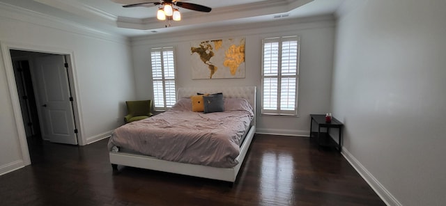 2524 Pascoli Pl, Lexington, KY 40509 - bedroom with ornamental molding, dark wood finished floors, a tray ceiling, baseboards, and a ceiling fan