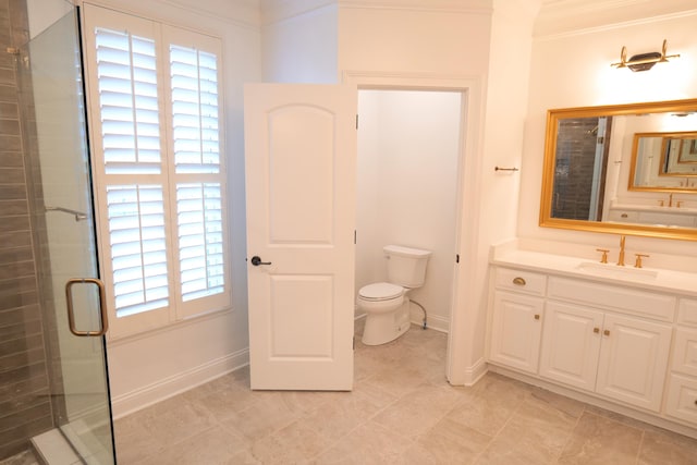 2524 Pascoli Pl, Lexington, KY 40509 - bathroom with toilet, a stall shower, ornamental molding, healthy amount of natural light, and vanity