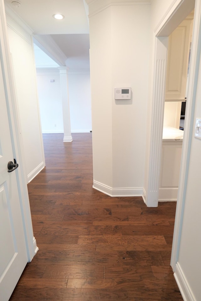 2524 Pascoli Pl, Lexington, KY 40509 - hallway featuring decorative columns, dark wood-style floors, baseboards, and recessed lighting