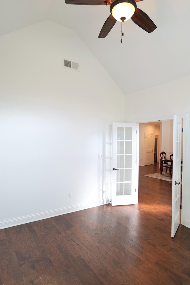 2524 Pascoli Pl, Lexington, KY 40509 - unfurnished room featuring french doors, ceiling fan, high vaulted ceiling, dark wood finished floors, and baseboards