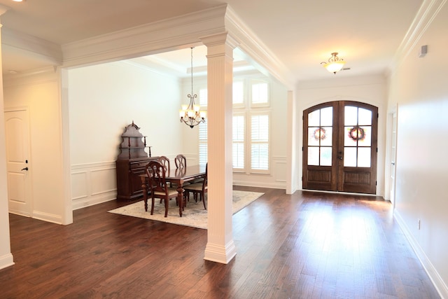 2524 Pascoli Pl, Lexington, KY 40509 - entryway with dark wood finished floors, a chandelier, french doors, and crown molding