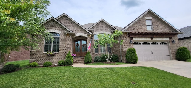 2524 Pascoli Pl, Lexington, KY 40509 - french country inspired facade with french doors, brick siding, concrete driveway, and a front yard