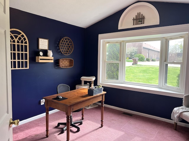 111 Keystone Dr, Richmond, KY 40475 - home office with visible vents, baseboards, vaulted ceiling, and carpet floors