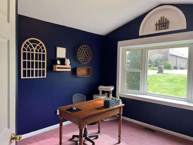 111 Keystone Dr, Richmond, KY 40475 - carpeted home office featuring visible vents, baseboards, and lofted ceiling