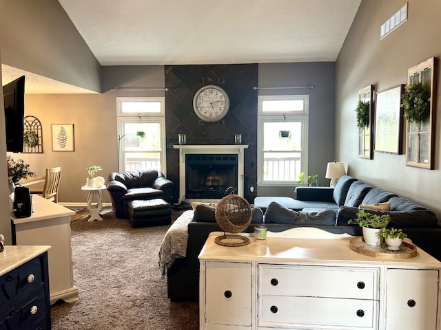 111 Keystone Dr, Richmond, KY 40475 - carpeted living area featuring a tiled fireplace and visible vents