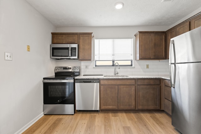 kitchen with stainless steel appliances, light wood finished floors, a sink, and backsplash