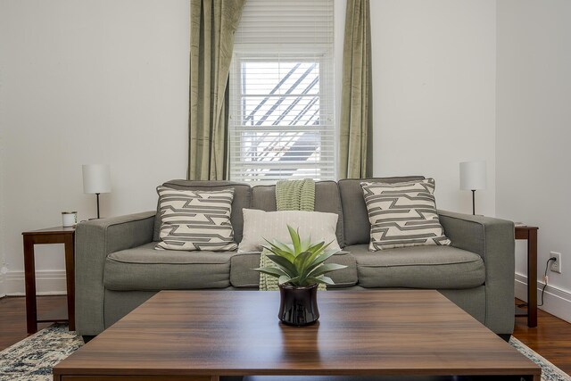 living area featuring baseboards and wood finished floors