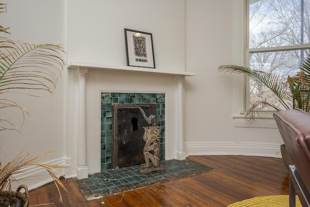 room details featuring a fireplace, baseboards, and wood finished floors